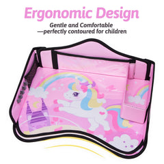 OUOZZZ Kids Travel Tray, headrest strap attached for stability.