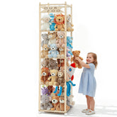 OurWarm four-tier wooden rack keeps plush toys neatly organized in the playroom.