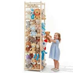 OurWarm four-tier wooden rack keeps plush toys neatly organized in the playroom.
