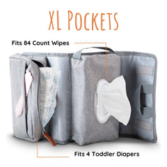 Outbound Basics spacious pockets fitting four diapers and an 84 count wipe pack