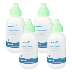 Ovand stoma powder 4-pack packaging view showing four bottles for dry skin protection