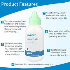 Ovand stoma powder bottles front view highlighting compact drug-free formula for daily use