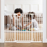 Owlie extra tall wide baby gate mounted on stairs showing safe passage and visibility