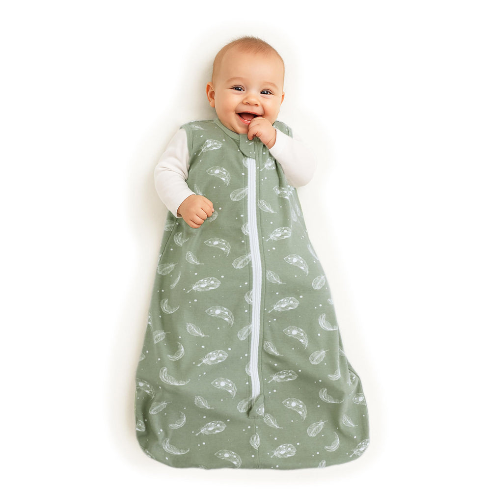 Owlivia baby sleep sack front view in feather green highlighting breathable organic cotton.