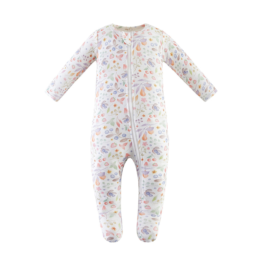 Owlivia fruit-print baby pajamas with zip front for quick night changes.