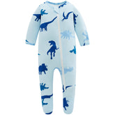 Owlivia blue dinosaur footed sleeper showcasing cozy organic cotton for baby warmth.