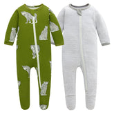 Owlivia organic cotton baby pajamas with cheetah stripes zip front for easy diaper changes.