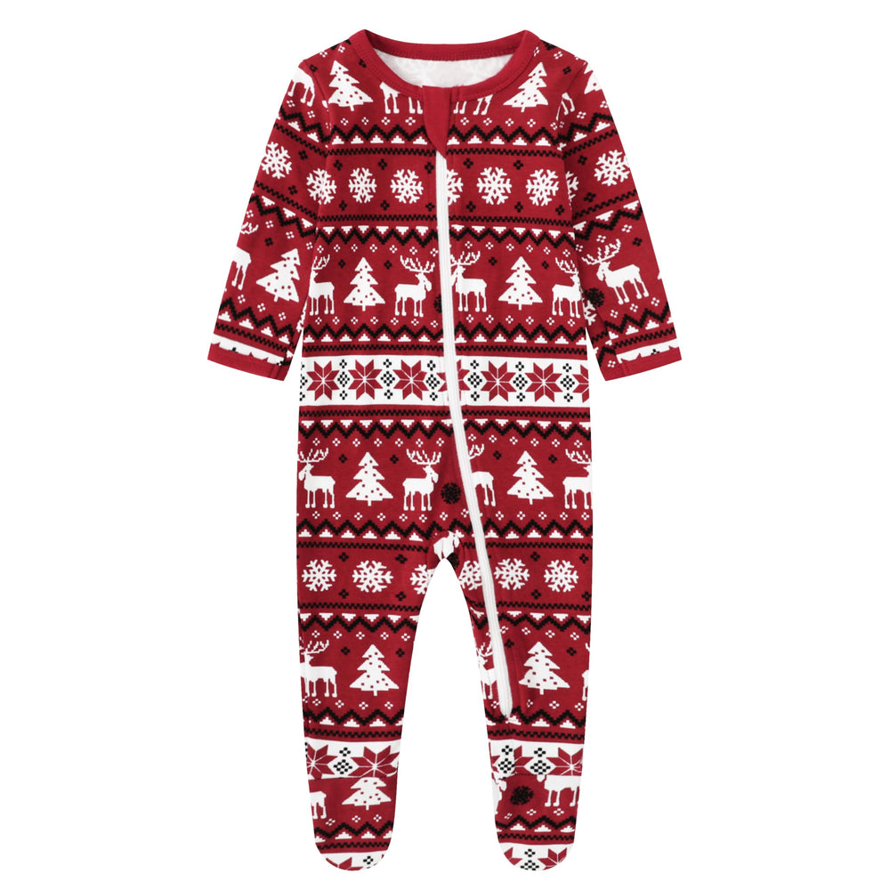 Owlivia organic cotton baby pajamas with Christmas deer print and zip-front for easy changes.