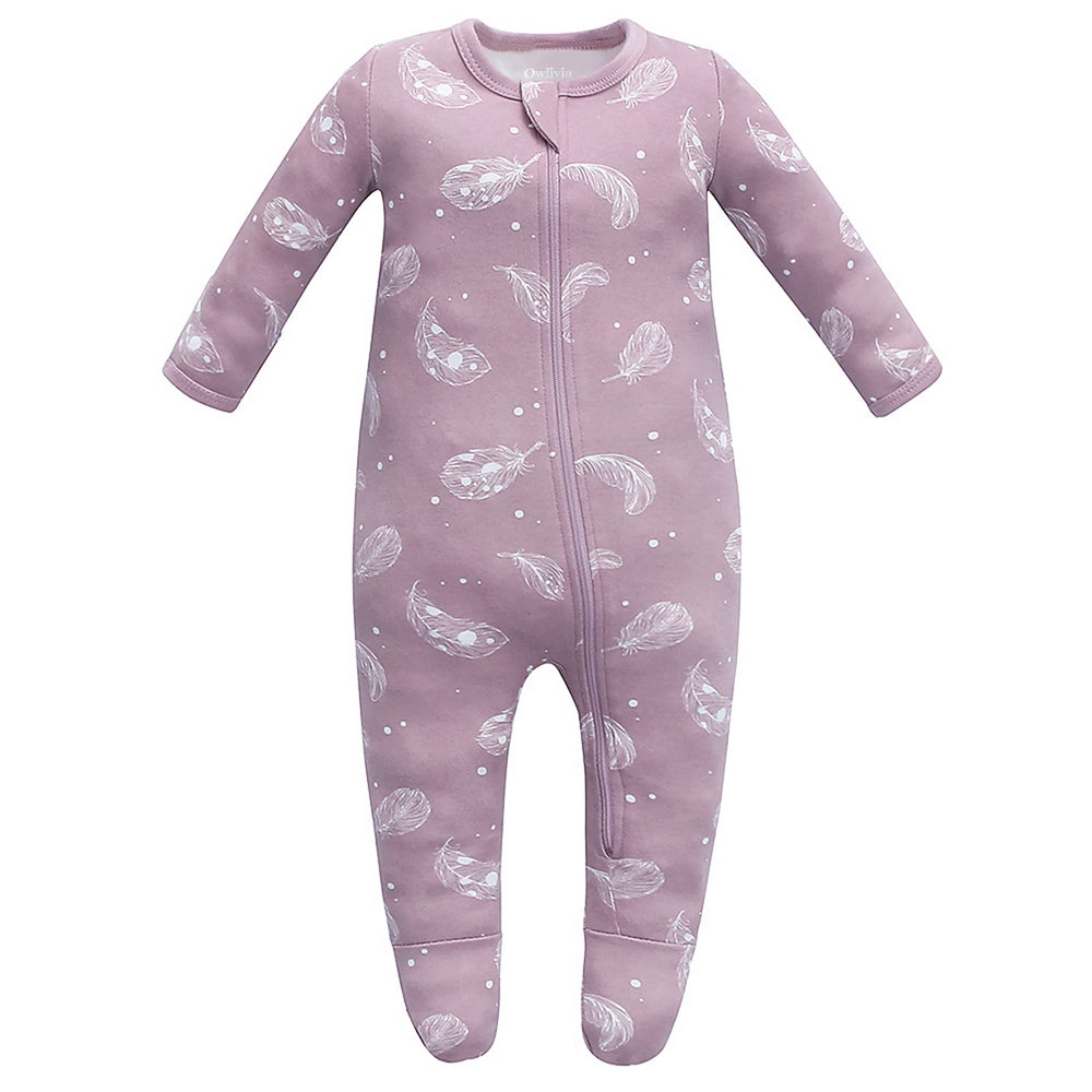 Owlivia organic cotton baby pajamas from the front view, soft to touch.