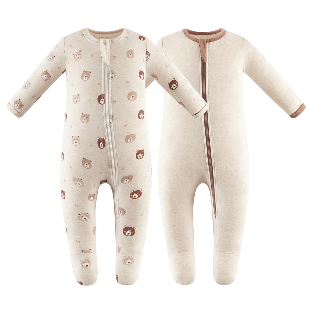 Owlivia organic cotton baby pajamas with zip front and mini bears on beige fabric.
