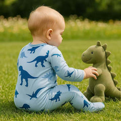 Owlivia organic cotton baby pajama set in blue dinosaur print.