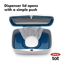 OXO Tot navy dispenser keeps wipes moist with silicone gasket