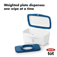 OXO Tot Perfect Pull Wipes Dispenser navy with weighted plate for controlled pulls