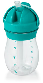 OXO Tot Transitions Teal straw cup close-up shows spill-proof sipping.