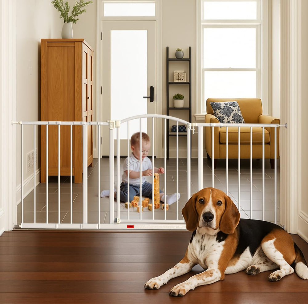 Ozzy & Kazoo baby gate on stairs shows adjustable width for wide openings