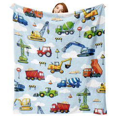 Paayna construction truck flannel throw, front view, vibrant pattern for playtime warmth