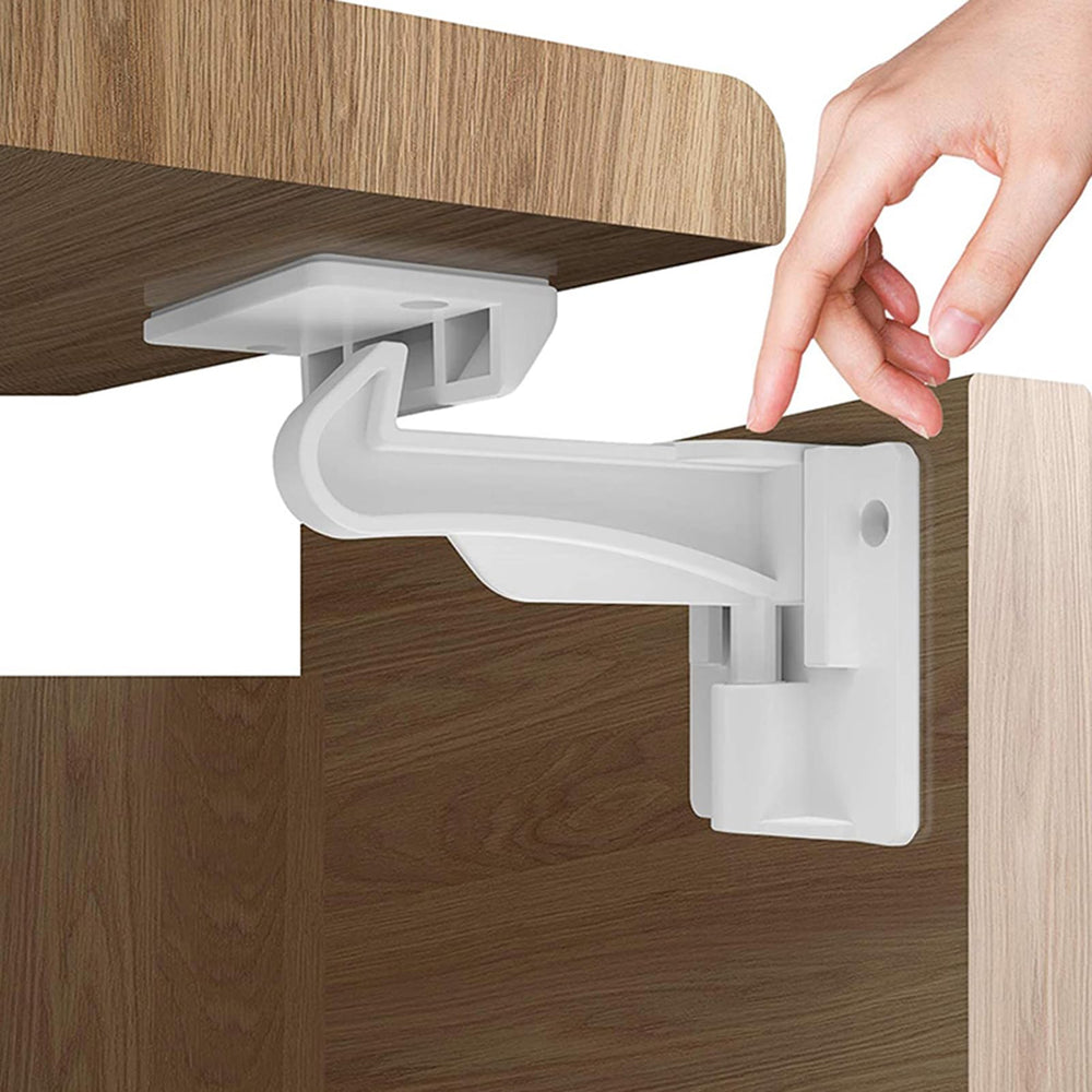 Pabesim invisible cabinet latch with long hook arm for enhanced reach under counters.