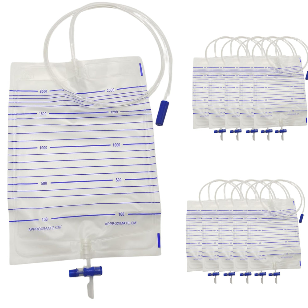 PakCan urinary drainage bag 2000mL with sterile design for safe home or hospital use.