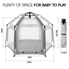 Palopalo pop up playpen highlights safe zippered door and mesh walls