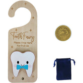PAMBO Tooth Fairy Door Hanger blue with wooden tooth shapes for playful teeth care.