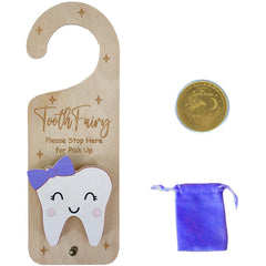 PAMBO tooth fairy door hanger in purple wood adds magical bedtime decor.