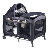 Pamo Babe playard with canopy offers a compact all-in-one nursery at home.