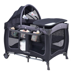 Pamo Babe playard with canopy offers a compact all-in-one nursery at home.