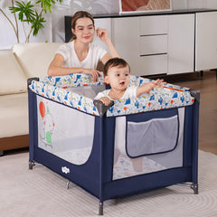 Pamo Babe blue bassinet with breathable mesh walls for ventilation.