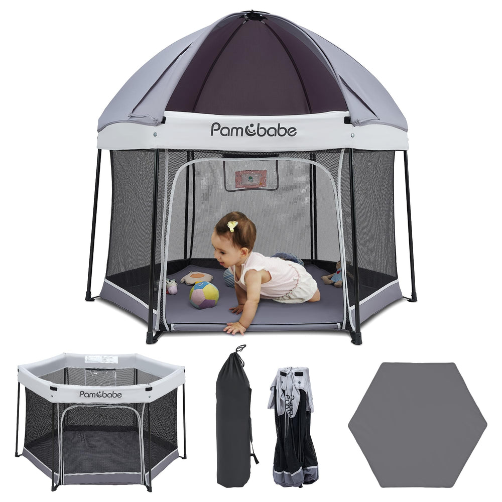 Pamo Babe playpen with sun canopy provides shade for outdoor play.