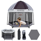 Pamo Babe playpen with sun canopy provides shade for outdoor play.