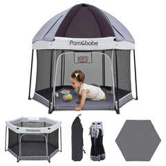 Pamo Babe playpen with sun canopy provides shade for outdoor play.