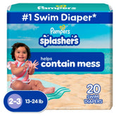 Pampers Splashers swim diaper packaging shows brand logo for easy pool-side selection.