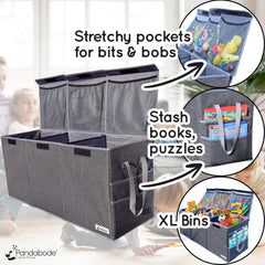 Pandabode extra large toy box lid open reveals hidden pockets for quick toy sorting.