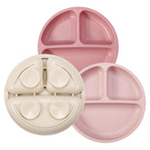 PandaEar three-pack toddler plates stacked for compact storage and quick setup.