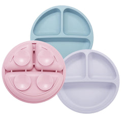 PandaEar 3-pack pink, purple, blue plates, three compartments for organized meals.