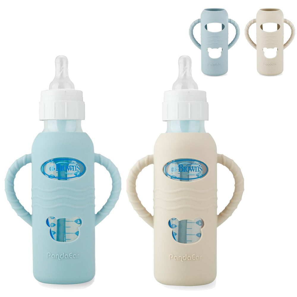 PandaEar sleeve on Dr. Brown's bottle enhances grip and durability.