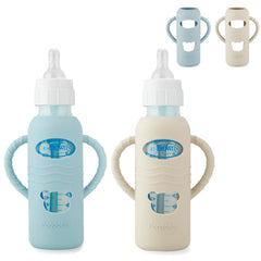 PandaEar sleeve on Dr. Brown's bottle enhances grip and durability.