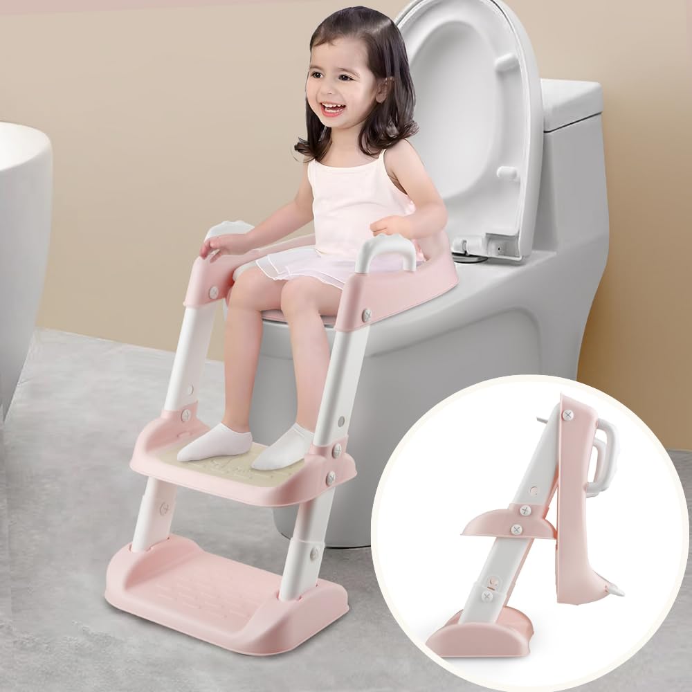 PandaEar toilet potty seat with step stool in pink offers comfortable training support.