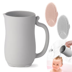 PandaEar baby bath rinse cup in soft grey silicone with ergonomic handle for easy use
