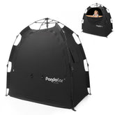 PandaEar blackout tent over Pack n Play creates a dark nap space.