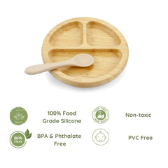 PandaEar divided wooden plate with silicone spoons ready for toddler self-feeding.