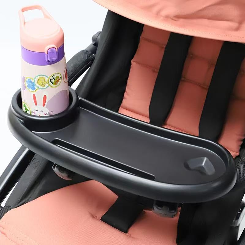 PandaEar snack tray on stroller handle, spacious area for snacks and toys.