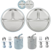 PandaEar stainless steel baby feeding set with divided plate keeps meals organized during self-feeding.
