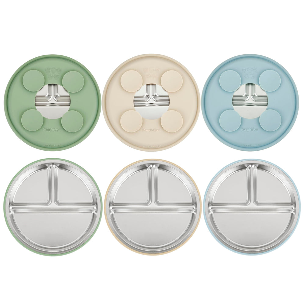 PandaEar three-pack stainless steel plates with suction keep meals tidy