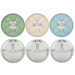 PandaEar three-pack stainless steel plates with suction keep meals tidy