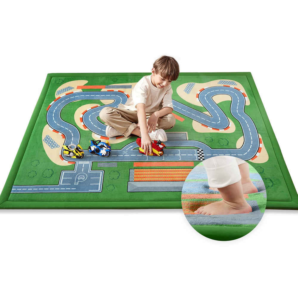 PaPaMat Race Track Design Play Mat on floor, boosts imaginative play and spatial awareness.