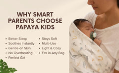 Papaya Kids swaddle blanket folded, compact and breathable fabric for easy travel.