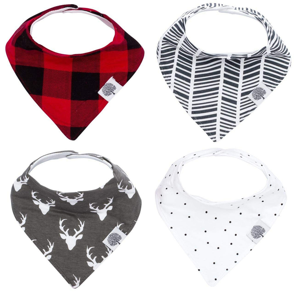 Parker Baby Co. bandana drool bibs in forest lumberjack print, four-pack for mess-ready days.
