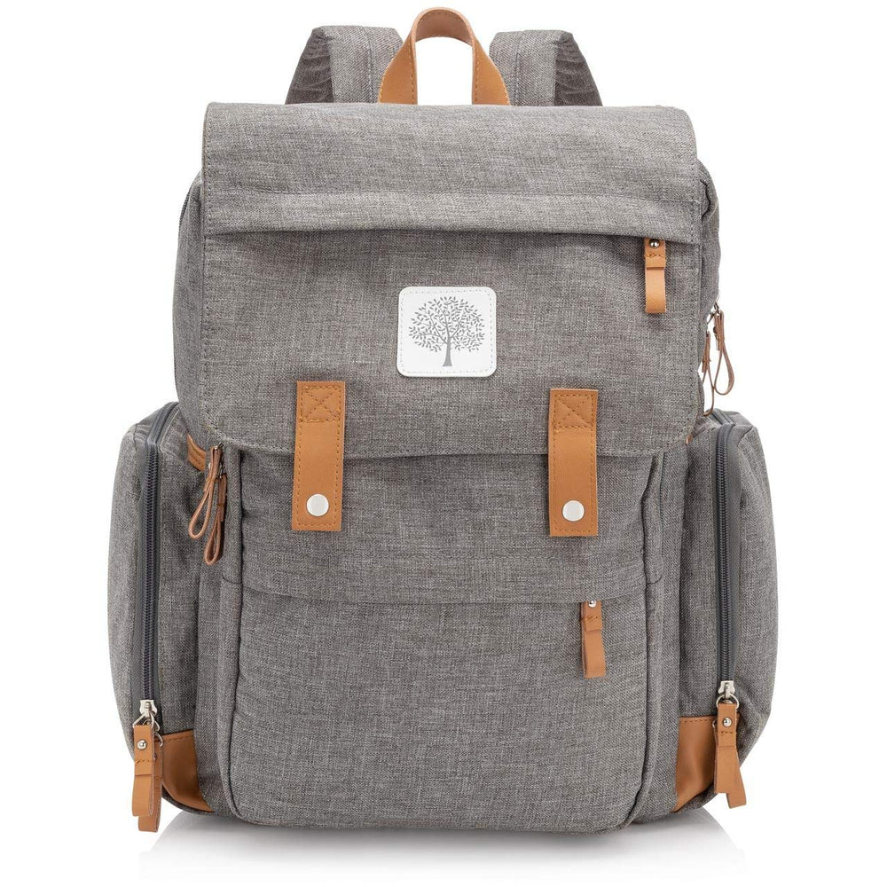 Parker Baby Co. diaper backpack Birch Gray front view shows roomy main compartment