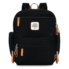 Parker Baby Co. diaper backpack exterior in black with full zip for easy packing.